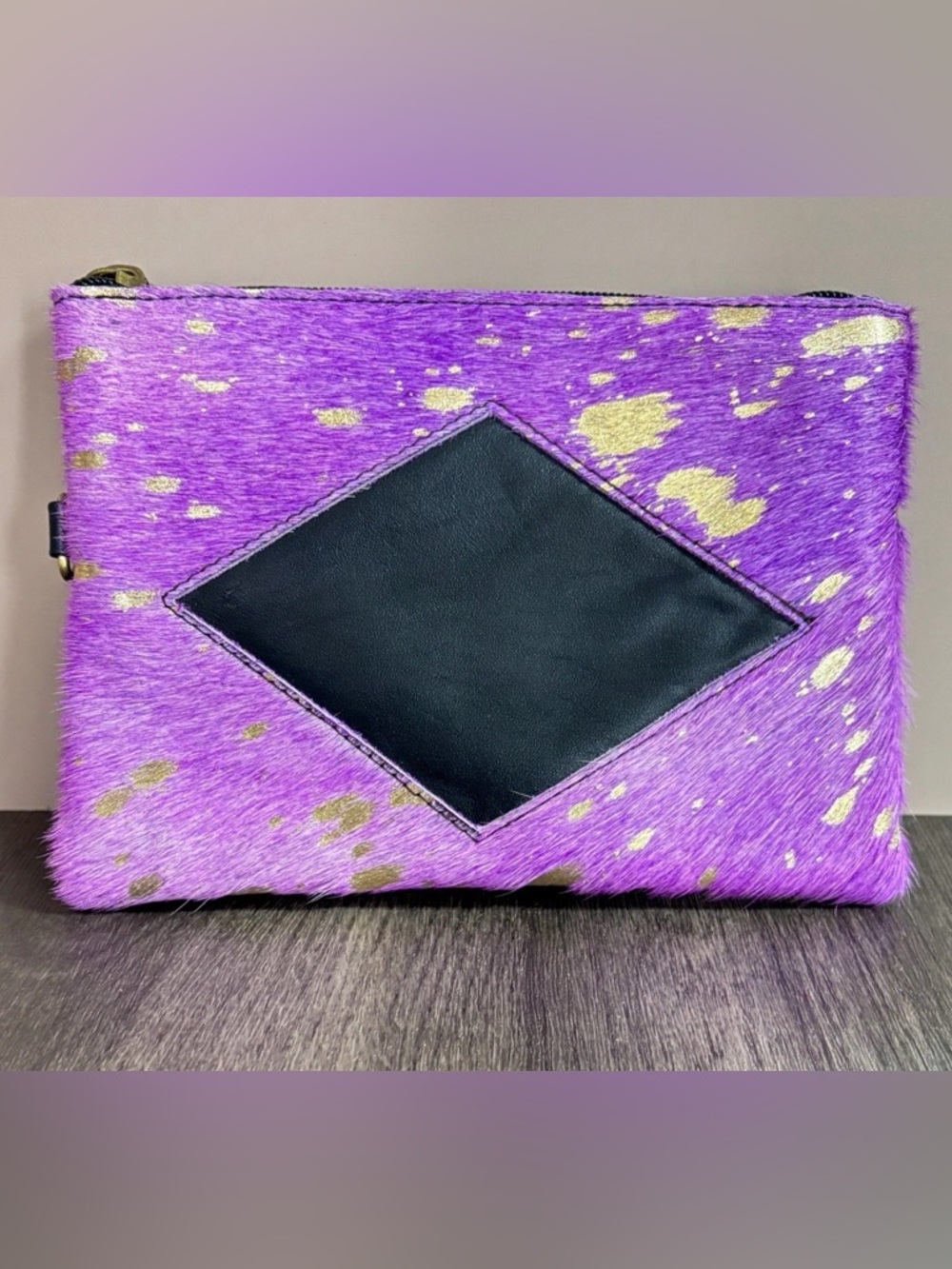 Purple Hair-On Hide Wristlet Clutch Gold Foil Leather Tassel New w/ Tags